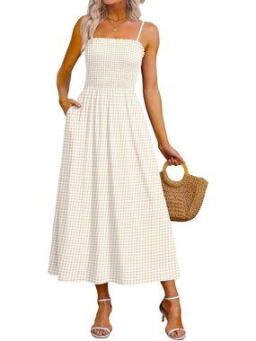 Women's Khaki Gingham Spaghetti Strap Smocked Casual Boho Beach Long Maxi Dress